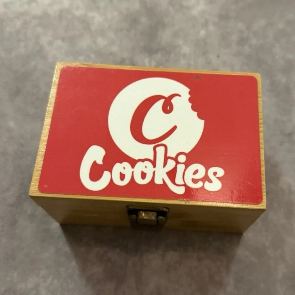 Wood & Metal Cookies Storage Box w/ Hinged Red Lid, Latch, Logo Pattern